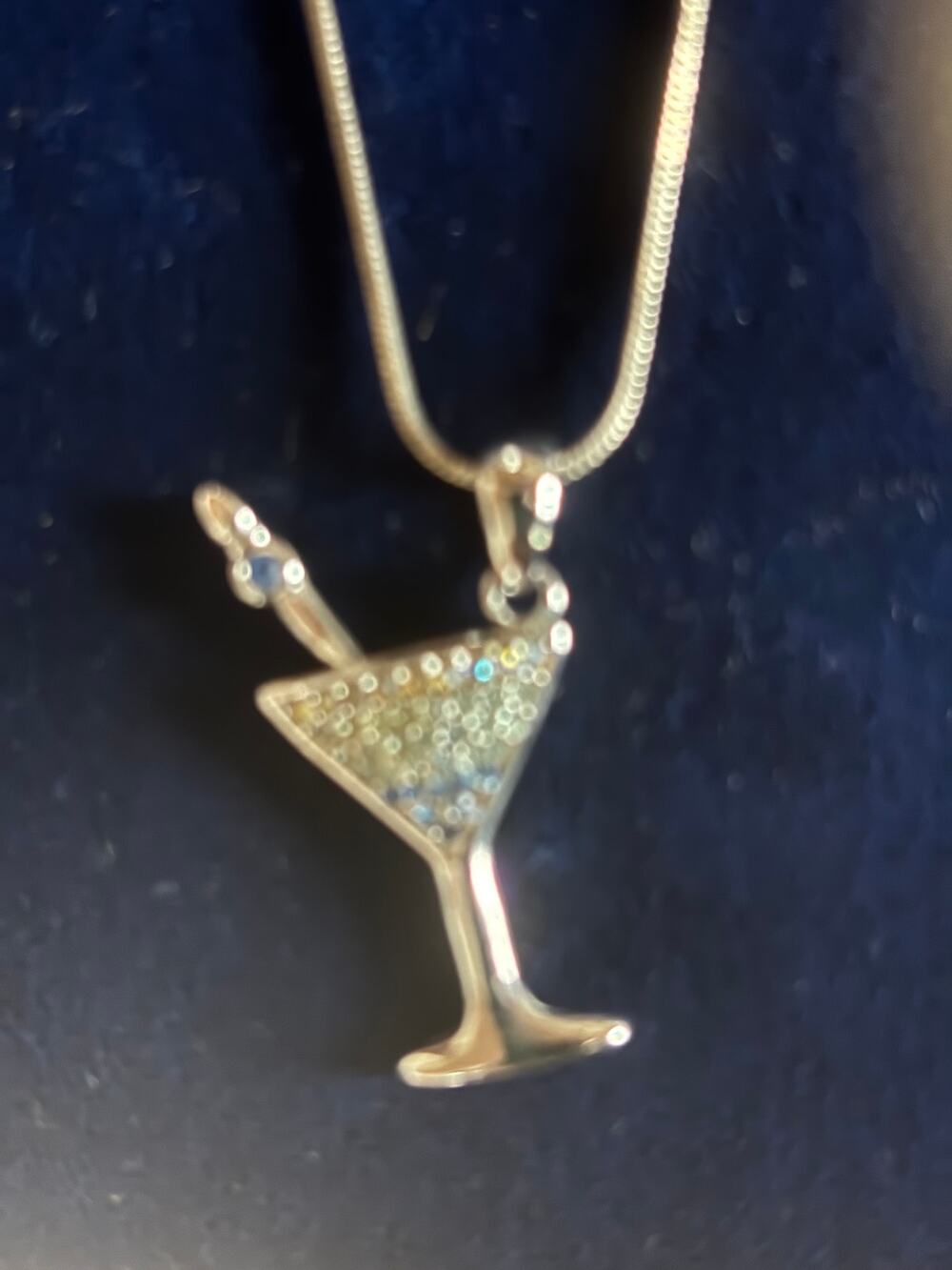 Micro Pave Rhinestone Cubic Zirconia Silver Tone Martini Pendant Necklace 20"